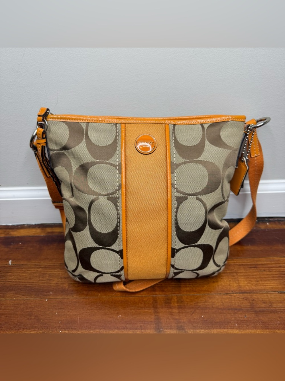 Coach Khaki Signature Crossbody with Orange Trim
